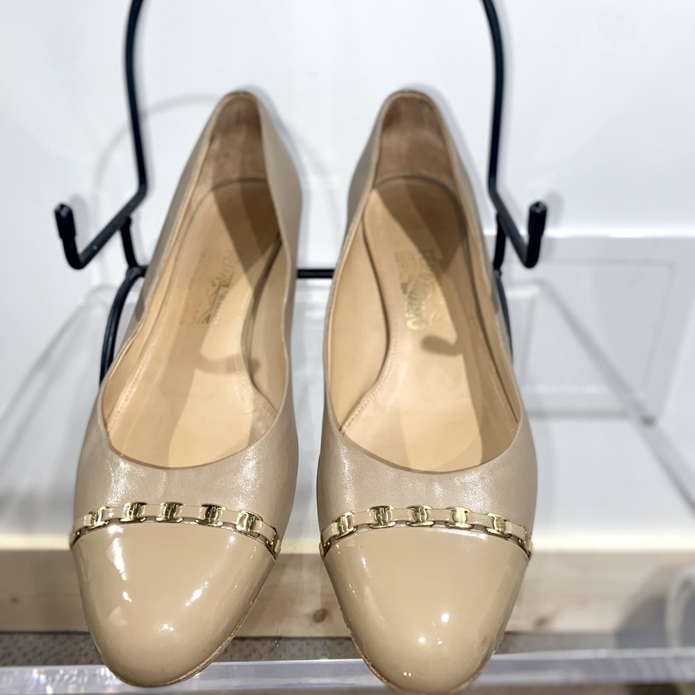 Salvatore Ferragamo Italian leather and patent leather gold lavished on front